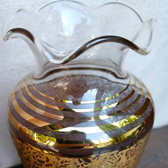 3 Set MCM Vintage Ransgil Crystal Gold Gilded Overlay Floral Ruffle Topped Vases - Picture 5 of 8